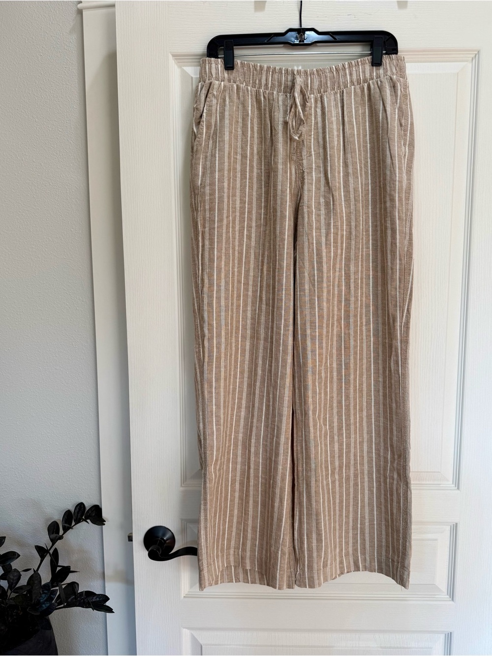 Briggs New York Beige and White Striped Wide-Leg Linen-Blend Pants Size L NWT